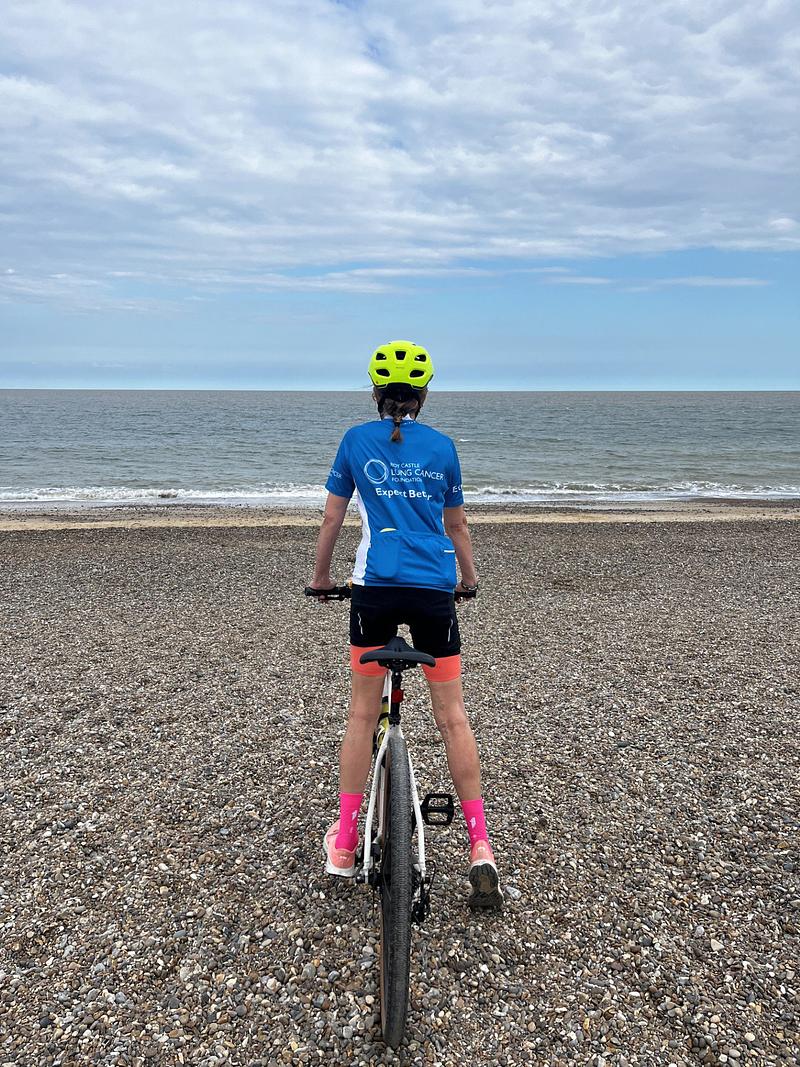 Mel cycling in Roy Castle Lung Foundation t-shirt